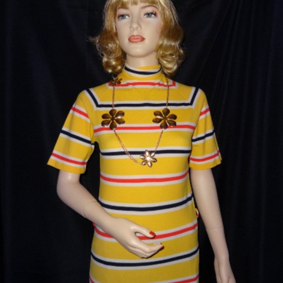 MOD 60's GoGo Girl Yellow Stripe Stretch T shirt - Picture 2 of 7